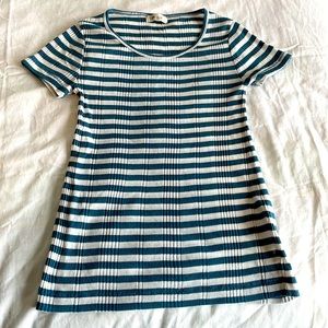 Madewell xsmall slate blue and white striped, ribbed tee.